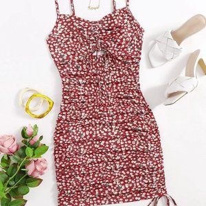 CUT OUT DRAWSTRING RED DRESS